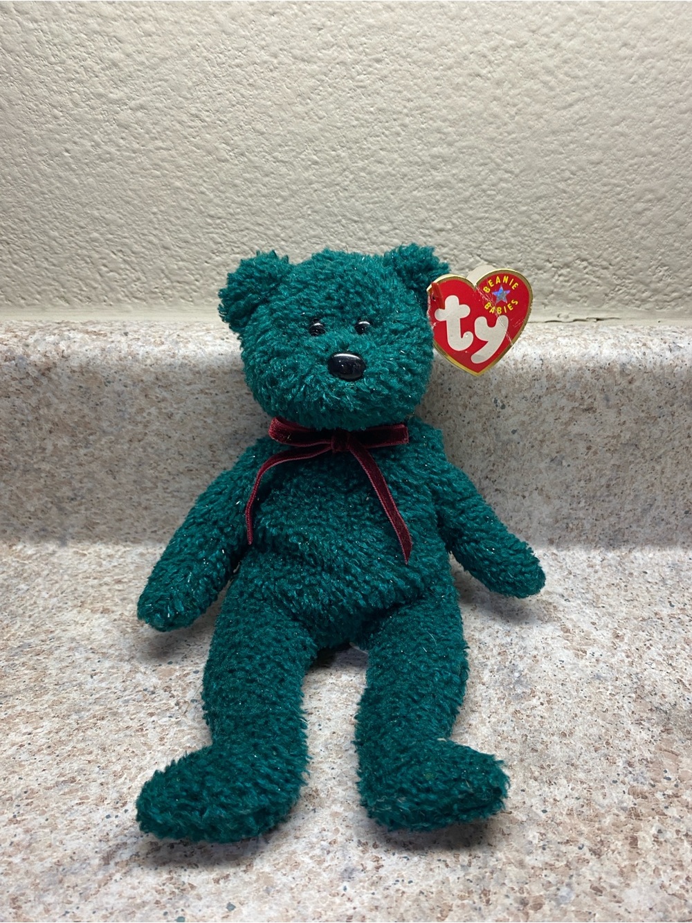 VINTAGE Beanie Baby Holiday 2001 Teal Sparkle Teddy Bear w/ Burgundy Velvet Bow